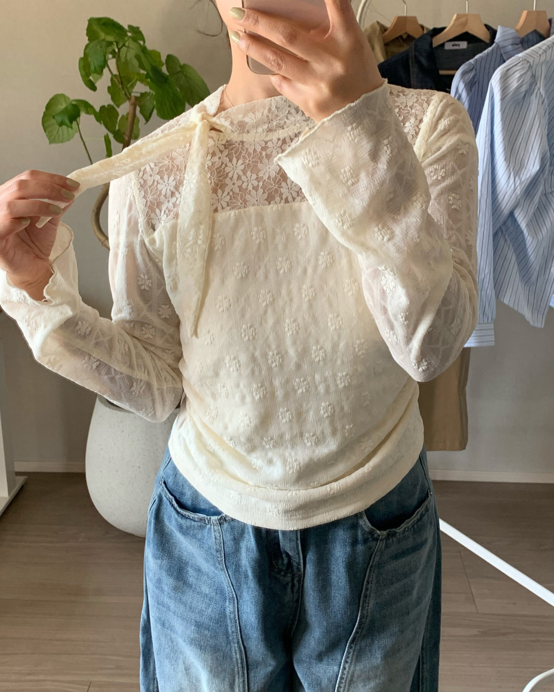 レーストップス♡ She's Closet tシャツ 長袖ハイネック透かし編みストレッチレース