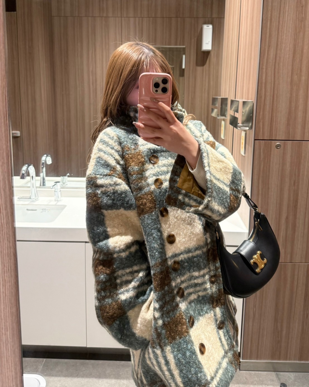 チェックスタンドネックミドルコート B0285