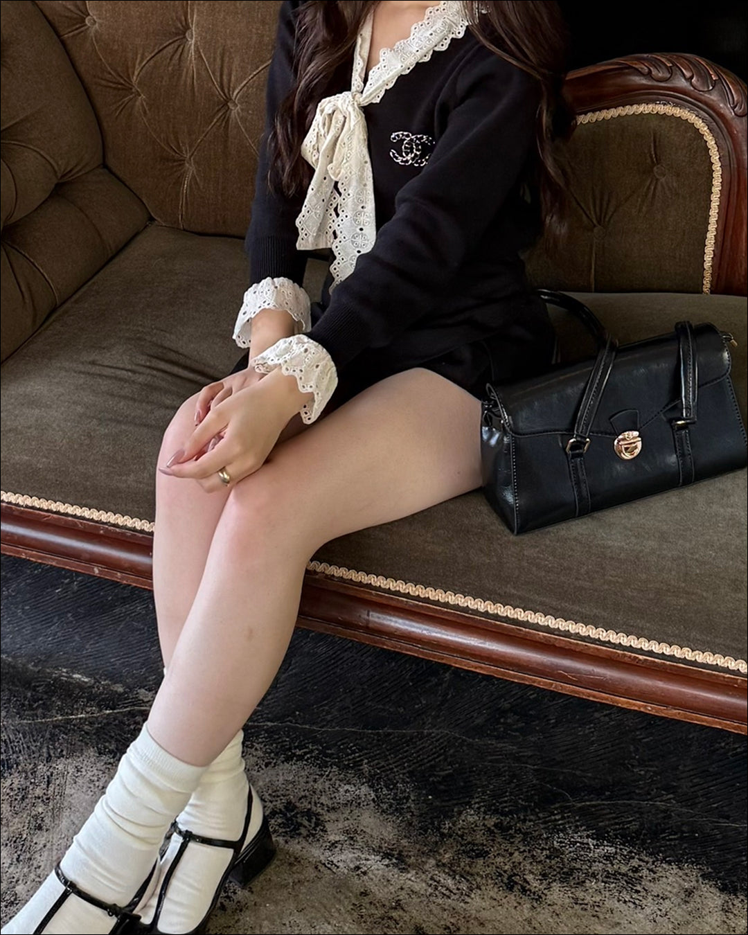 【即納】レースリボンタイニットトップス B0307