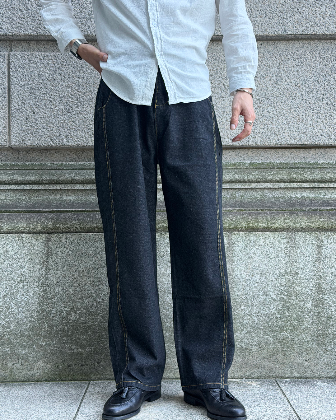 ステッチラインノンウォッシュワイドデニムパンツ EN0106