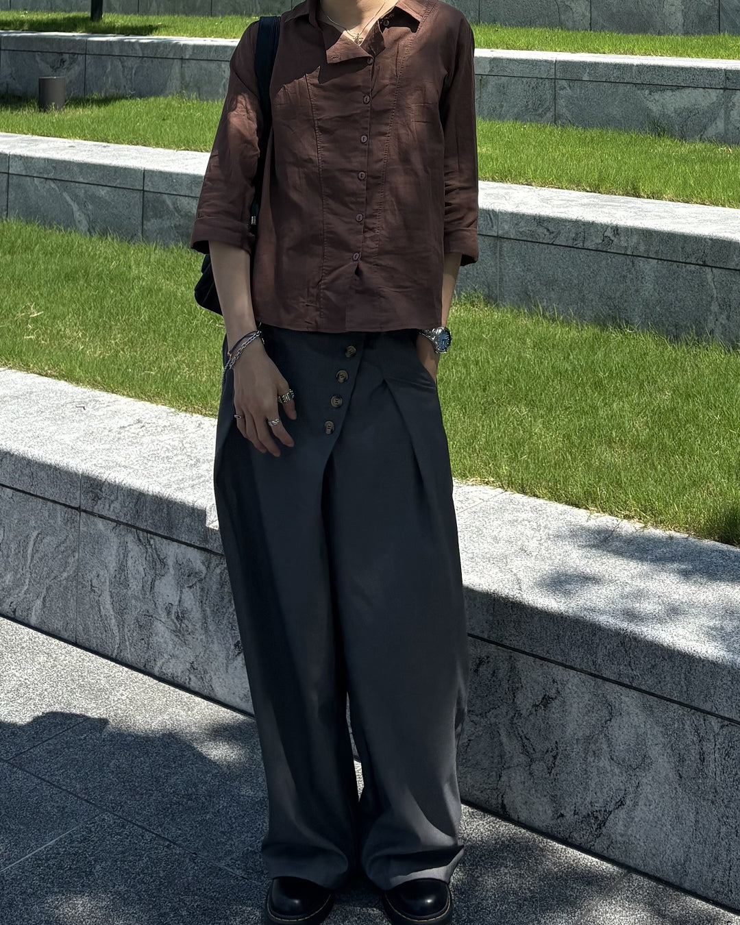 フロントボタンタックワイドパンツ HS0203