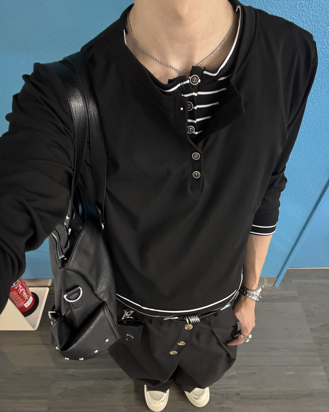 ボーダーレイヤードヘンリーネックロングTシャツ HS0304