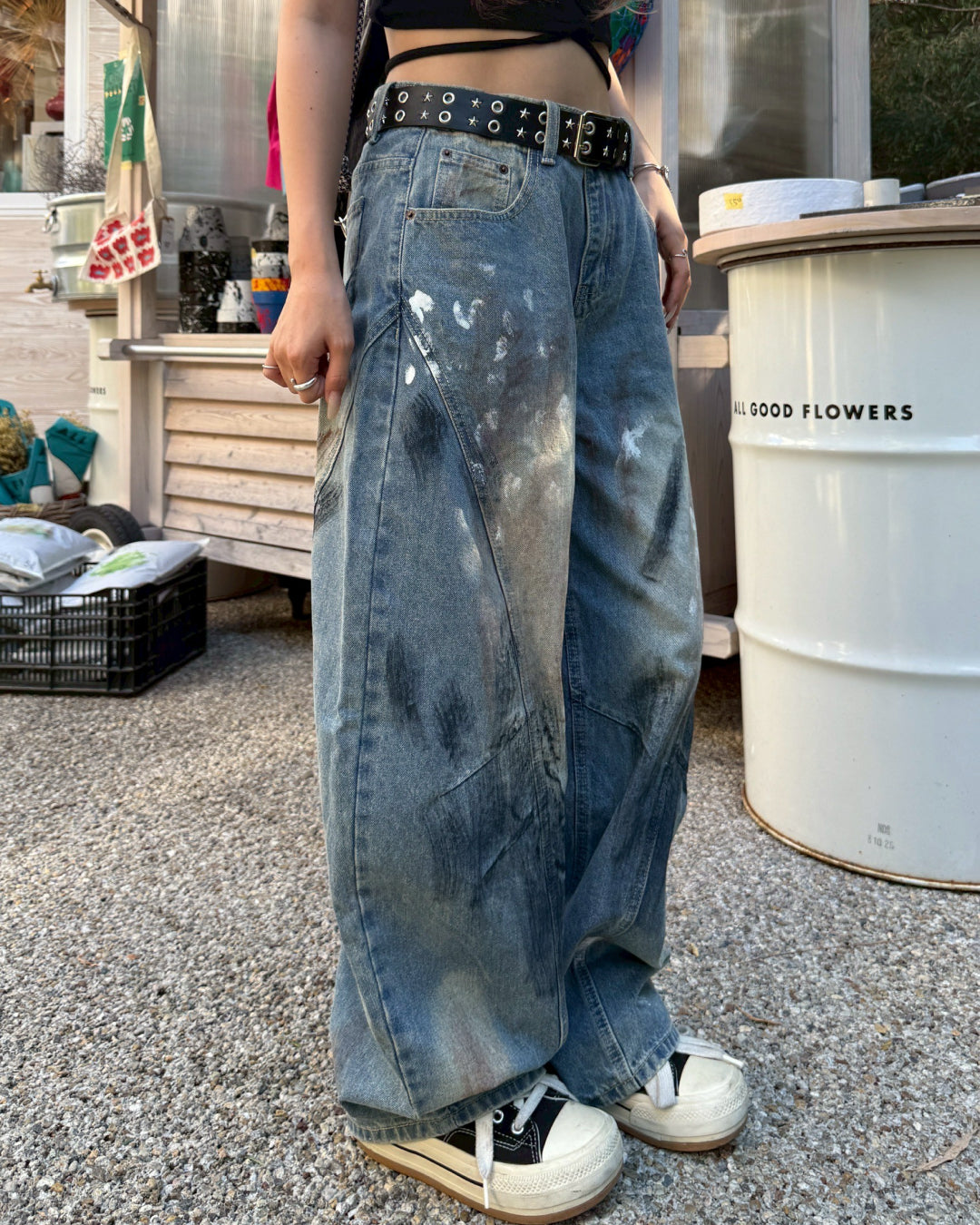 【即納】ペイント加工カーブデニムパンツ HZ5003