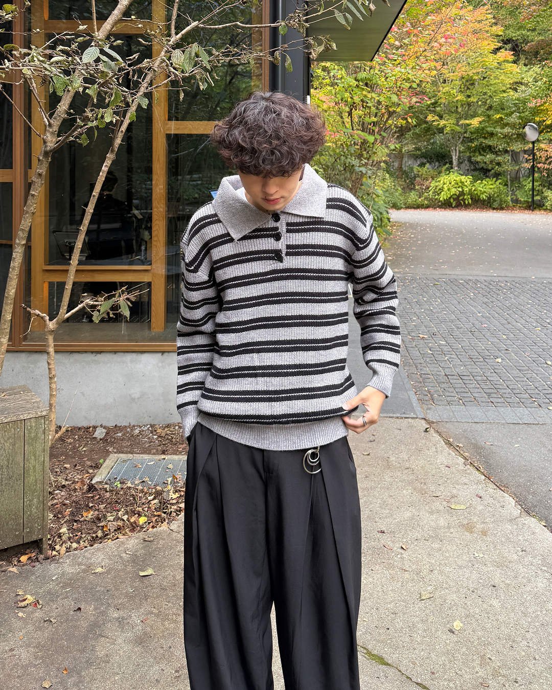 ヘンリーネックユニセックスボーダーニットスウェット GC0280