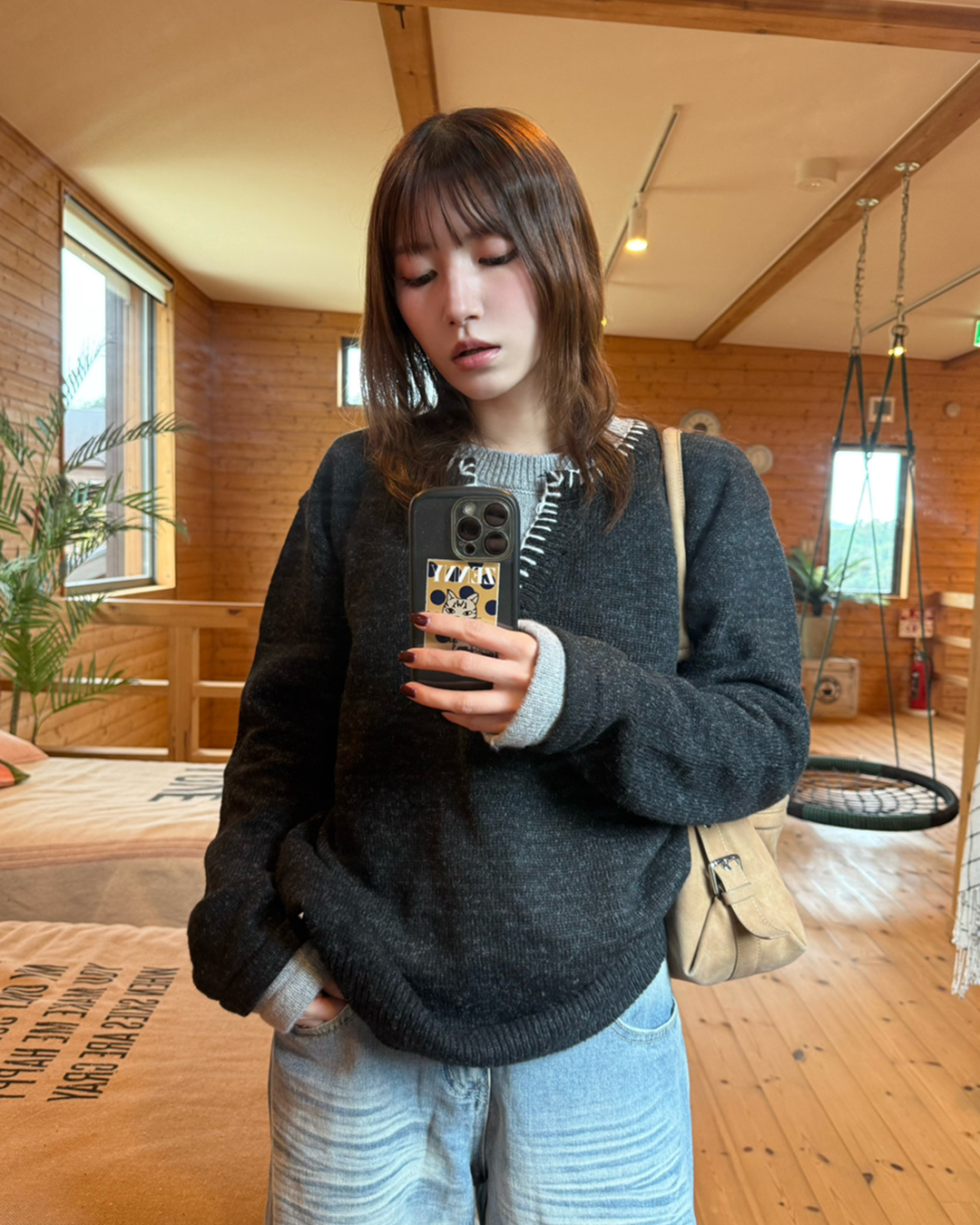ハンドステッチデザインスキッパーネックニット IR0108