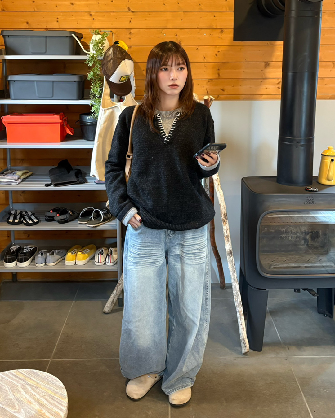 ハンドステッチデザインスキッパーネックニット IR0108