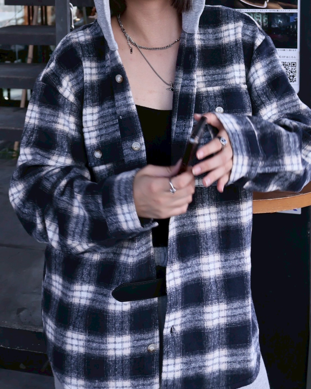 フードチェックシャツジャケット K1111