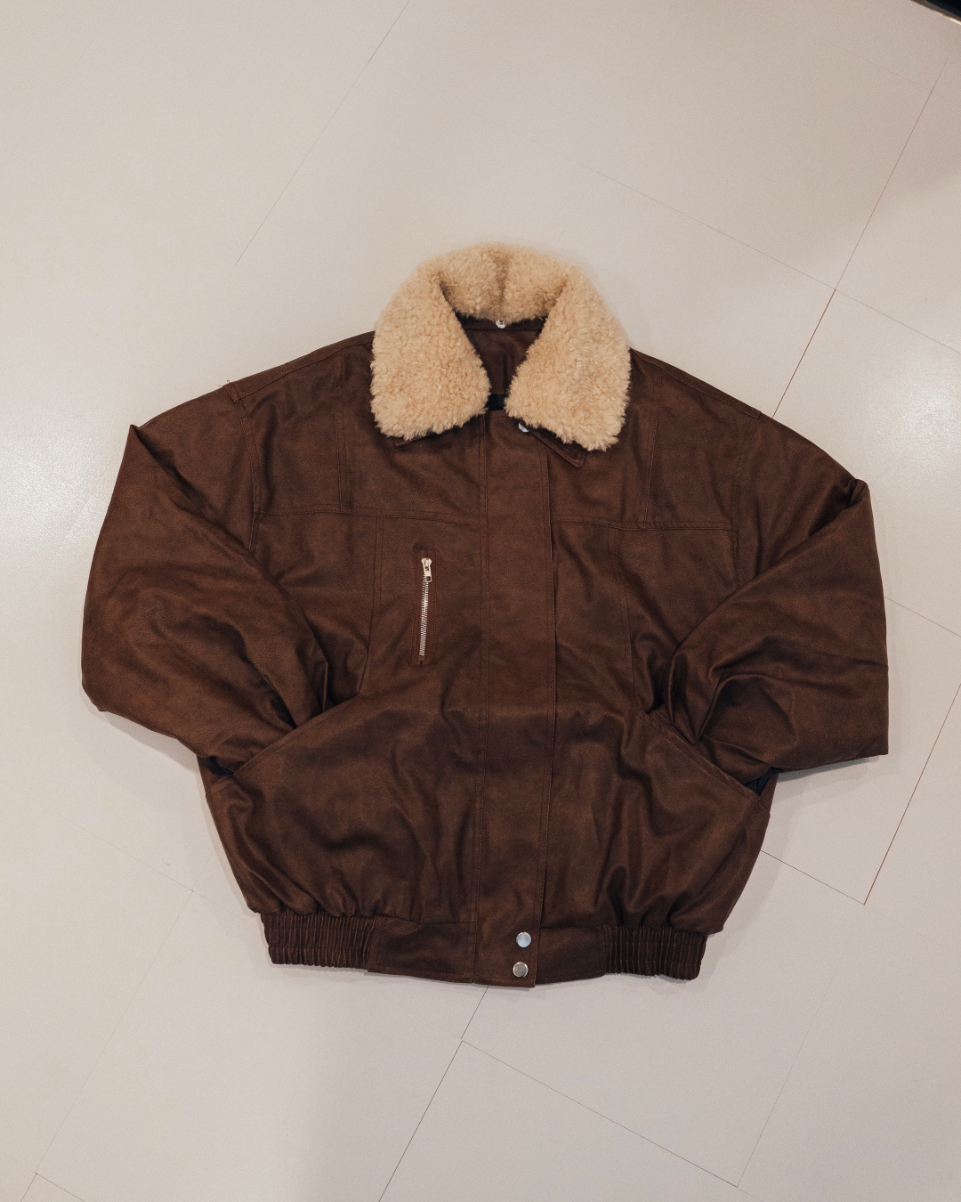 【即納】ボア襟ブラウンレザージャケット KA0092