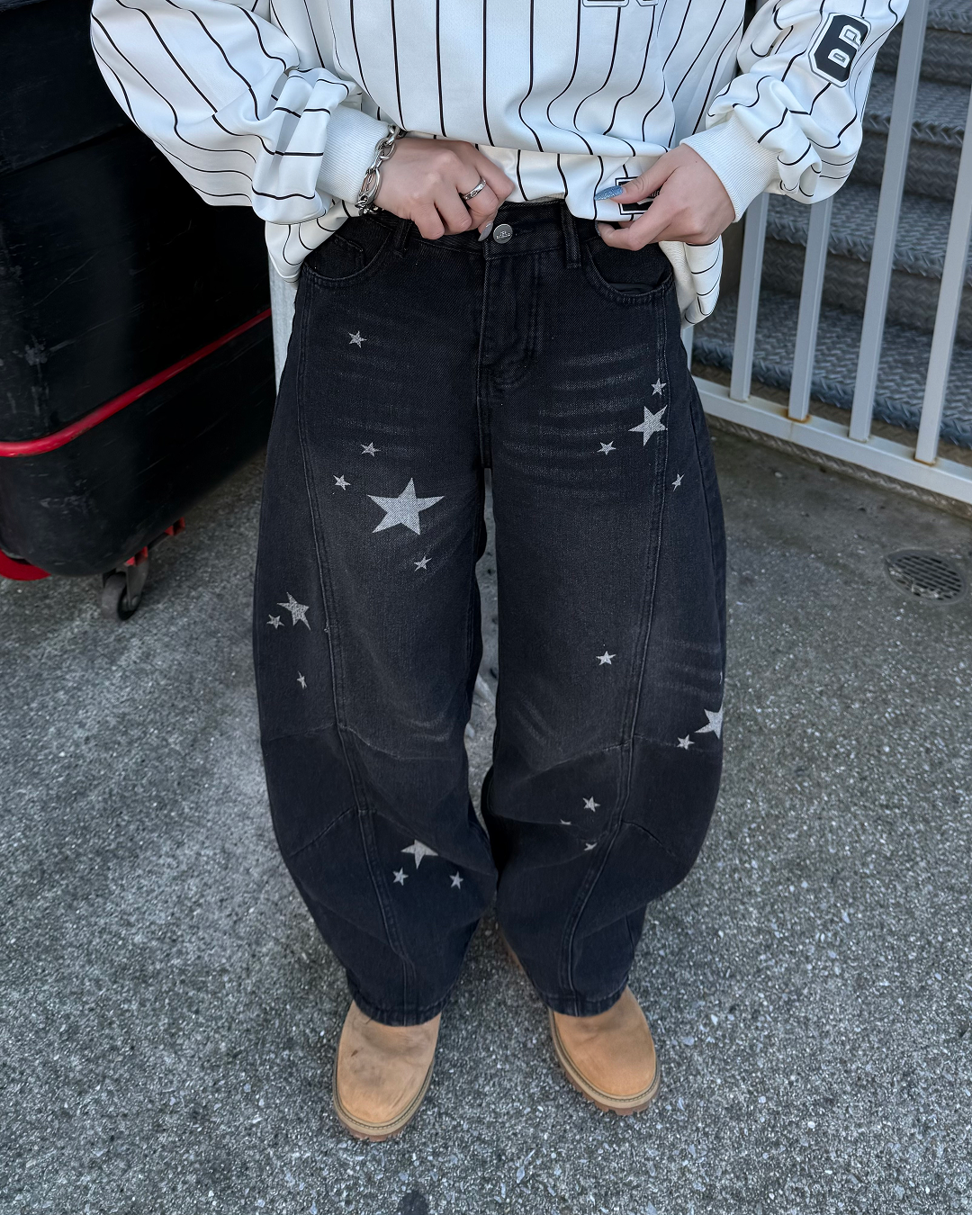 バレルシルエット星プリントデニムパンツKC0224
