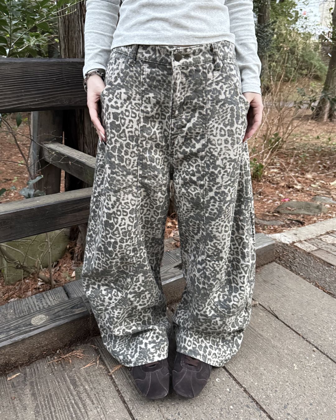 ヒョウ柄デニムワイドレッグパンツKC0234