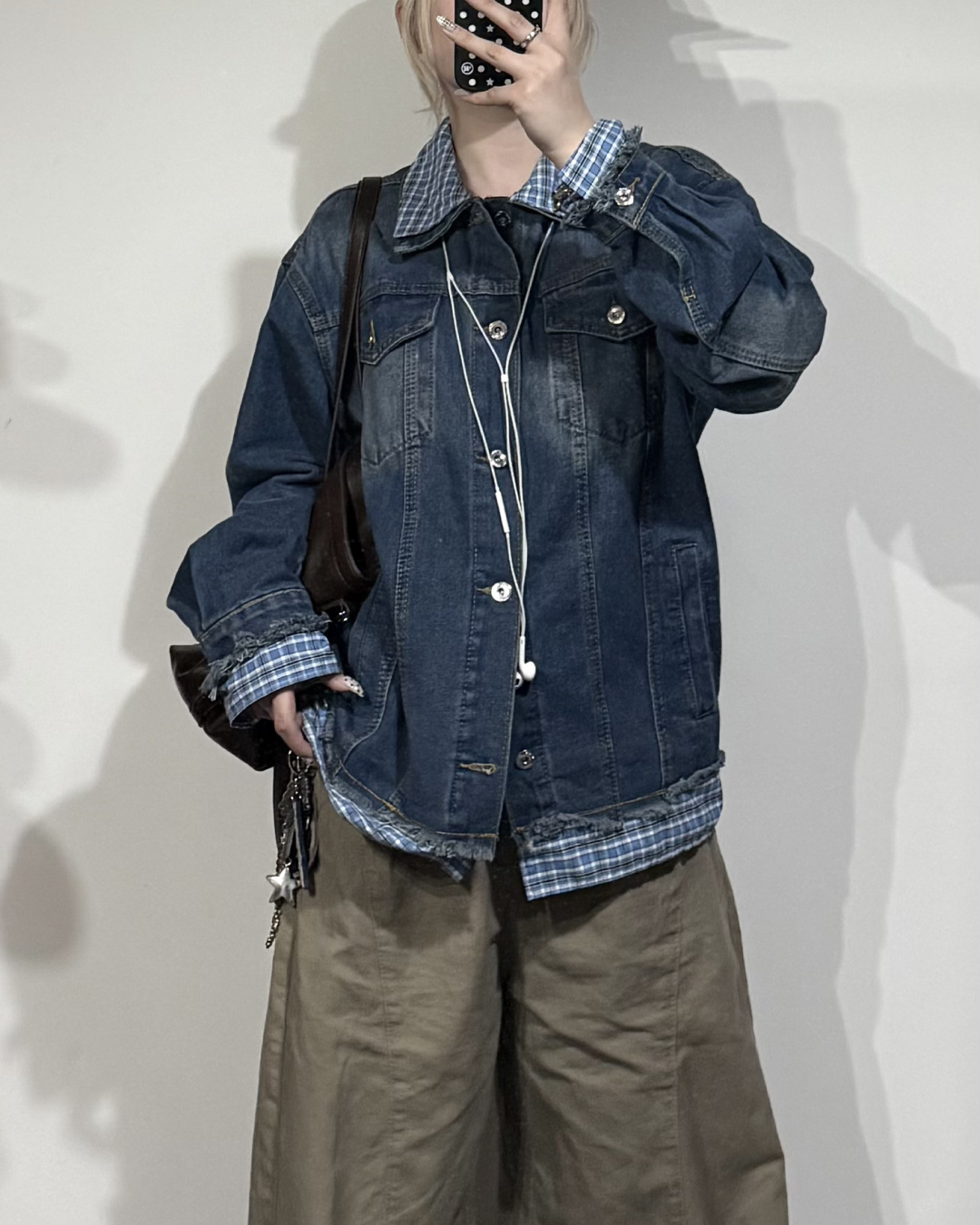 レトロチェック柄パッチデニムジャケットKC0241