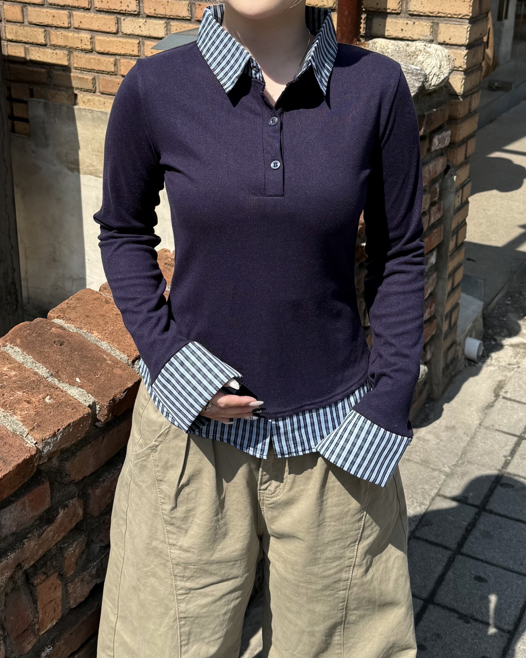 カレッジスタイルネック長袖シャツKC0249