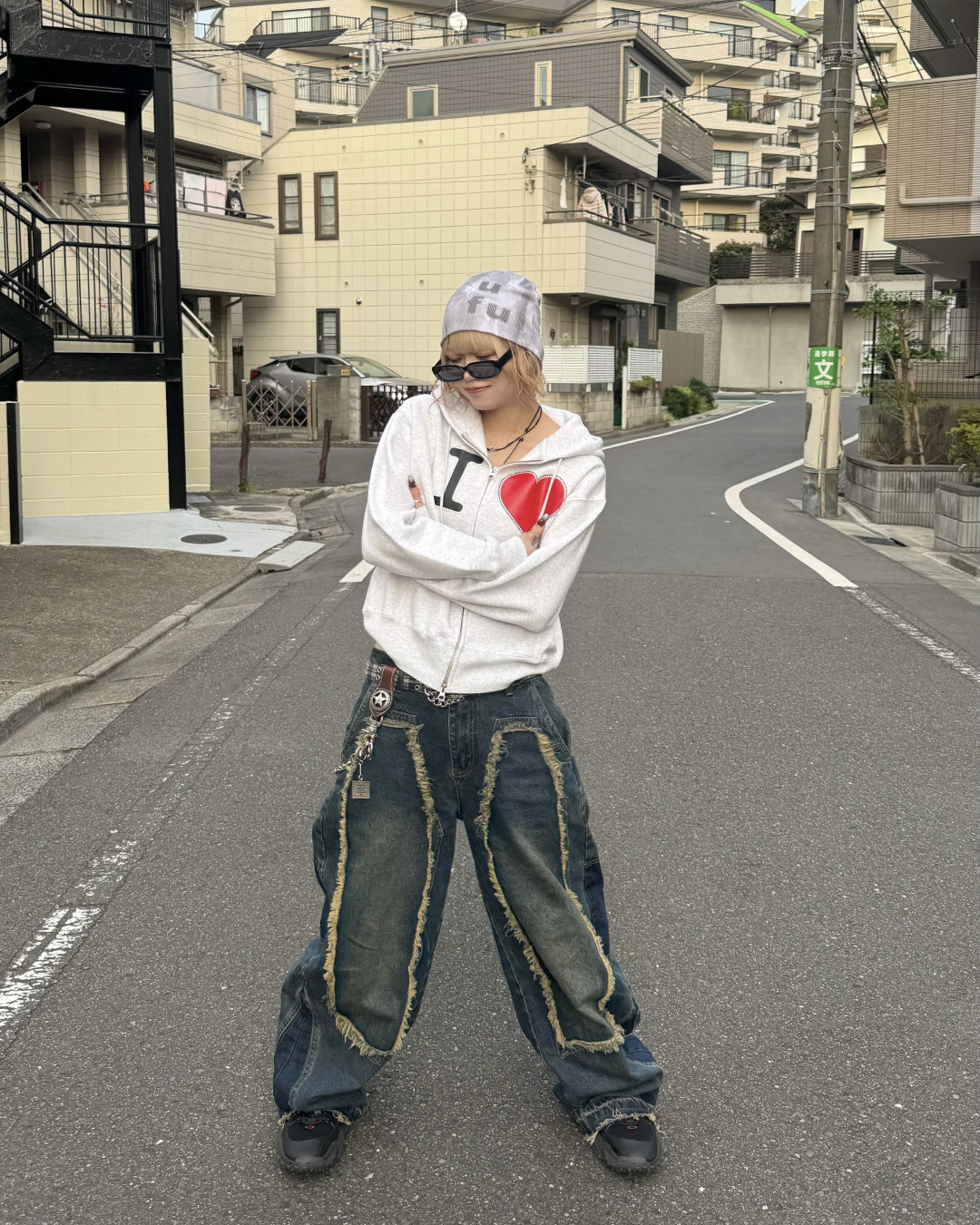 【即納】デザインフリンジデニムパンツ KM5005