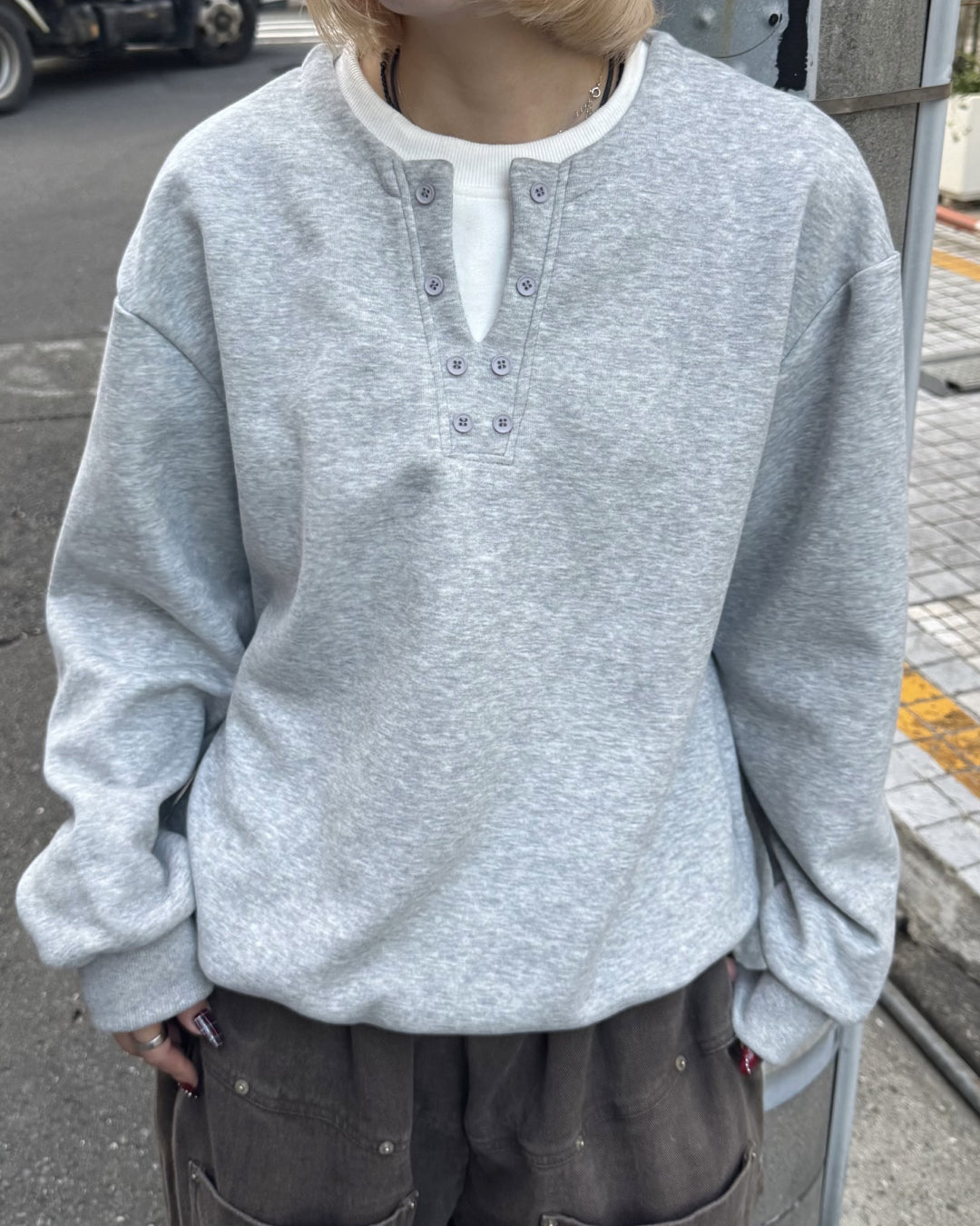 【即納】ヘンリーネックフェイクツーピーススウェット KM5011
