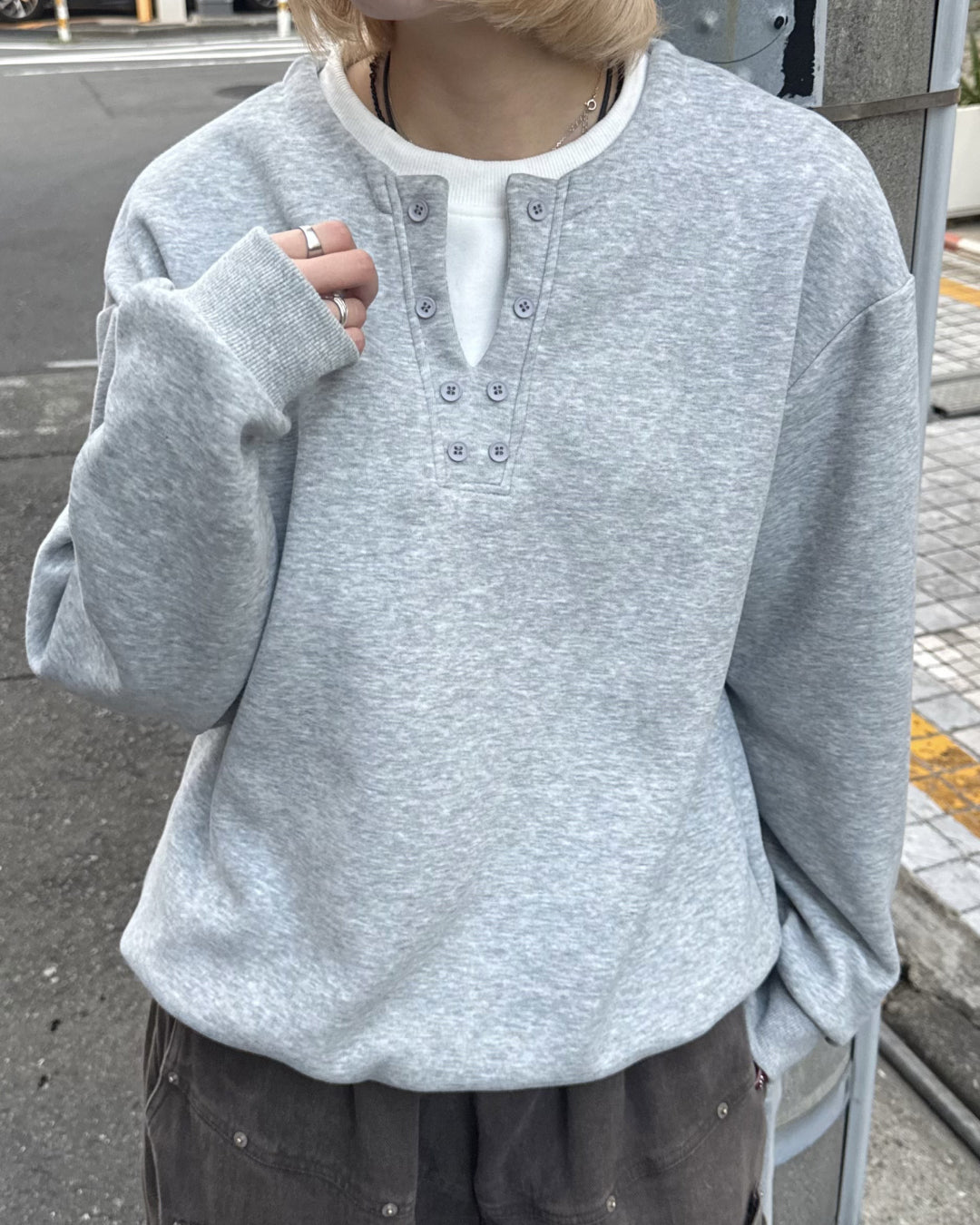 【即納】ヘンリーネックフェイクツーピーススウェット KM5011