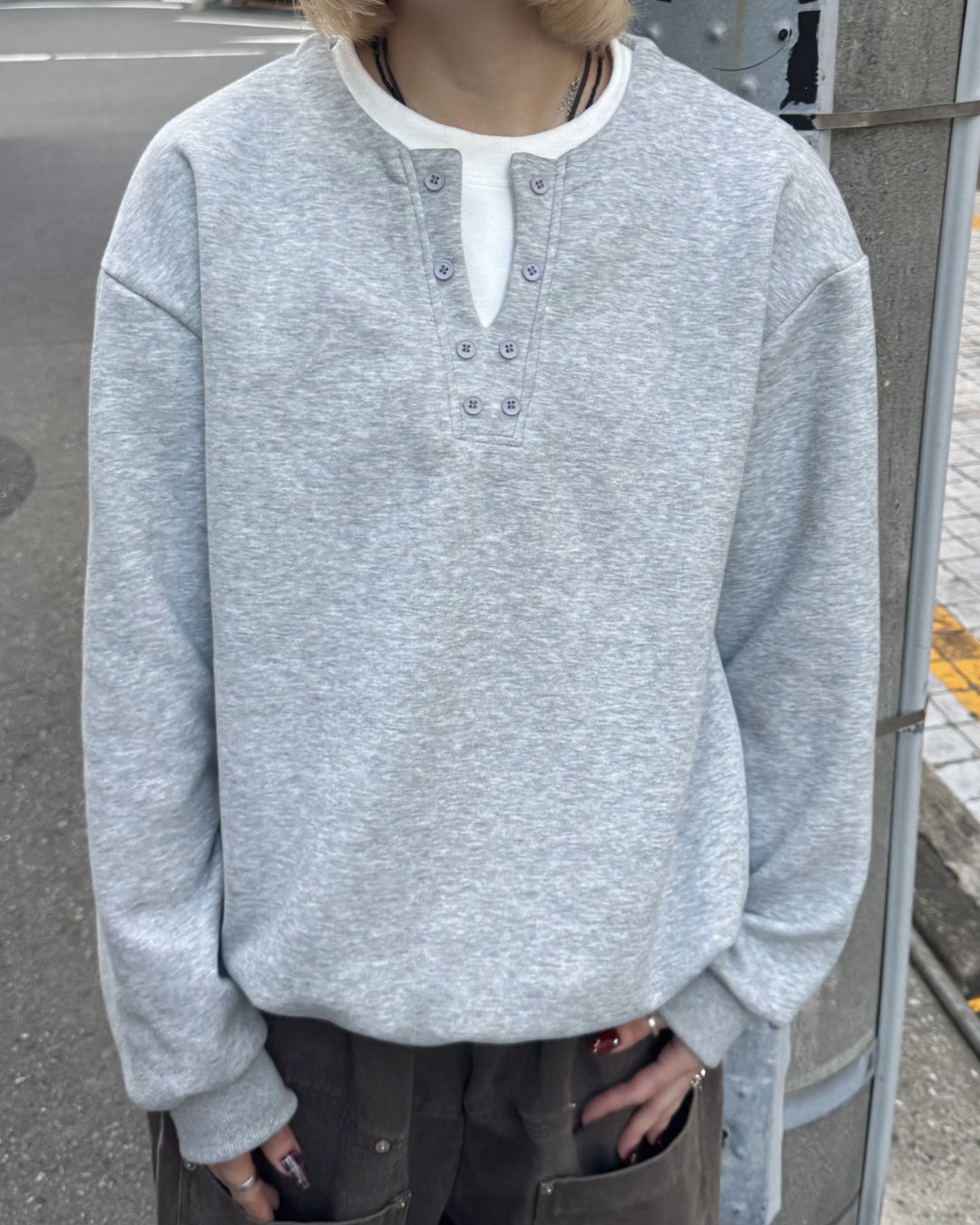 【即納】ヘンリーネックフェイクツーピーススウェット KM5011