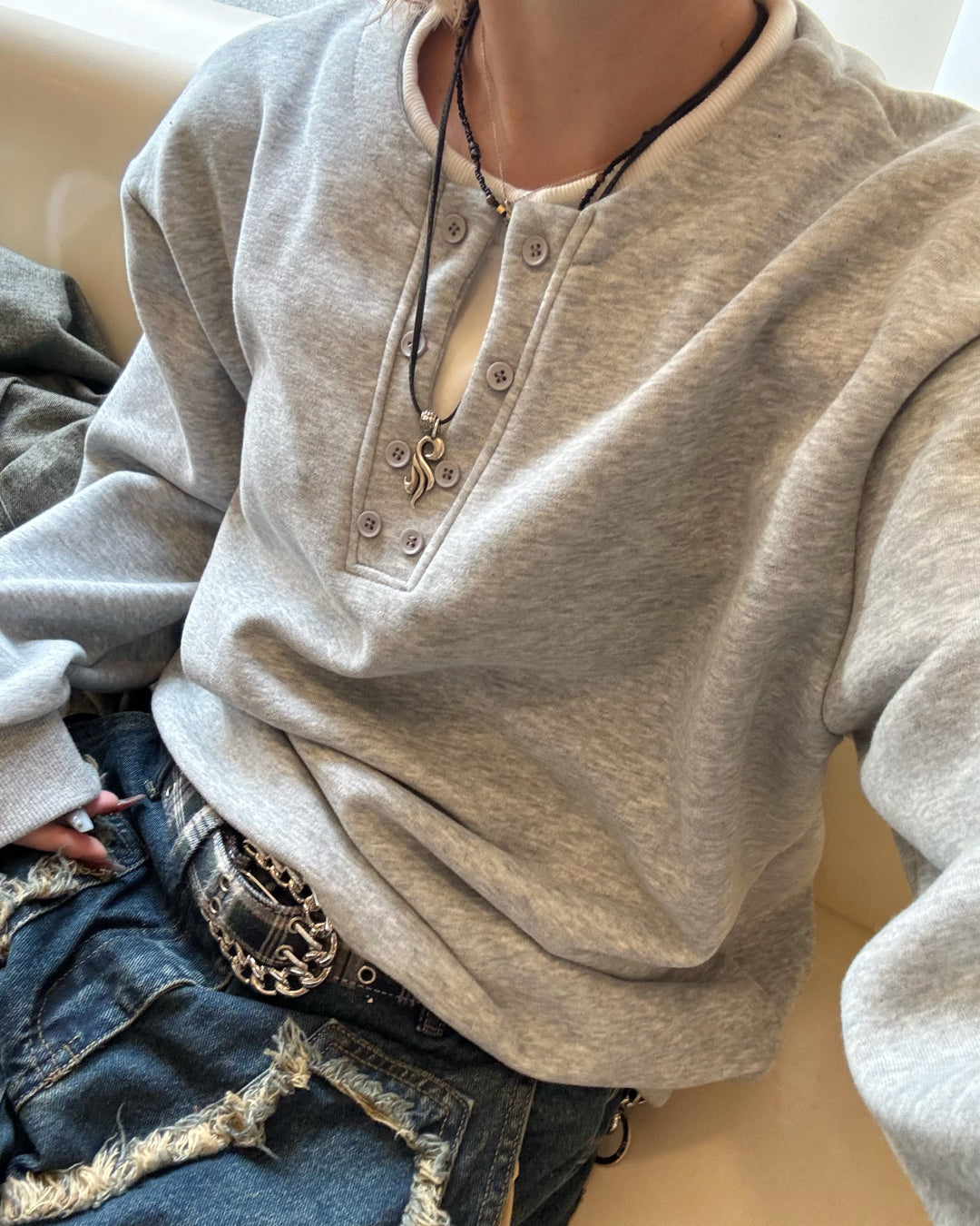 【即納】ヘンリーネックフェイクツーピーススウェット KM5011