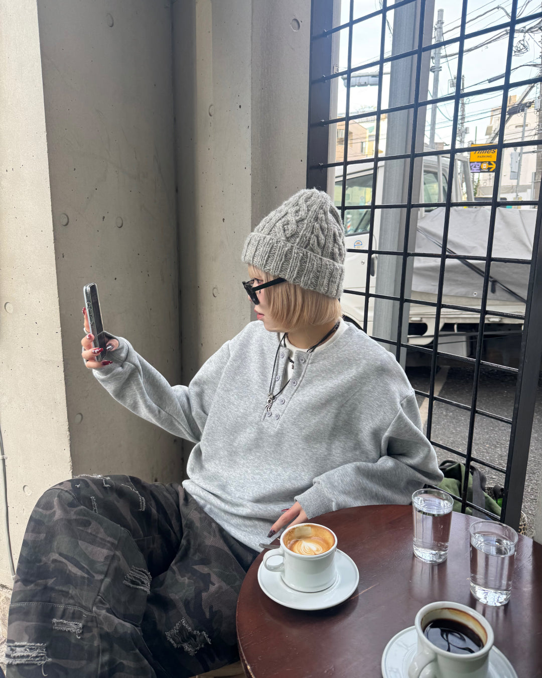 【即納】ヘンリーネックフェイクツーピーススウェット KM5011