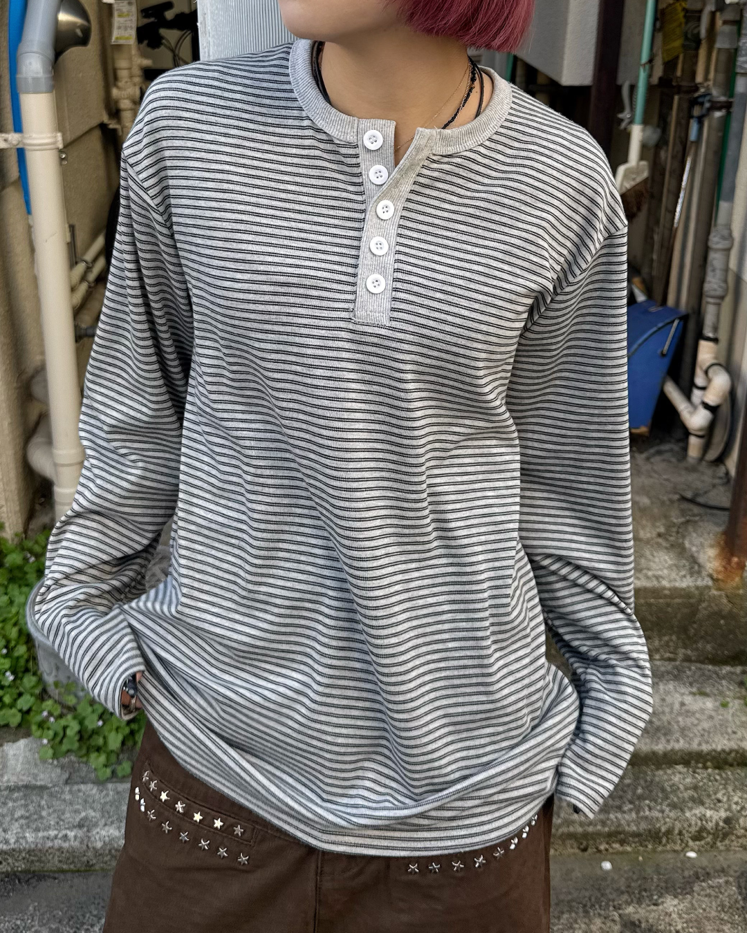 ヘンリーネックボーダーロングTシャツ KM7061