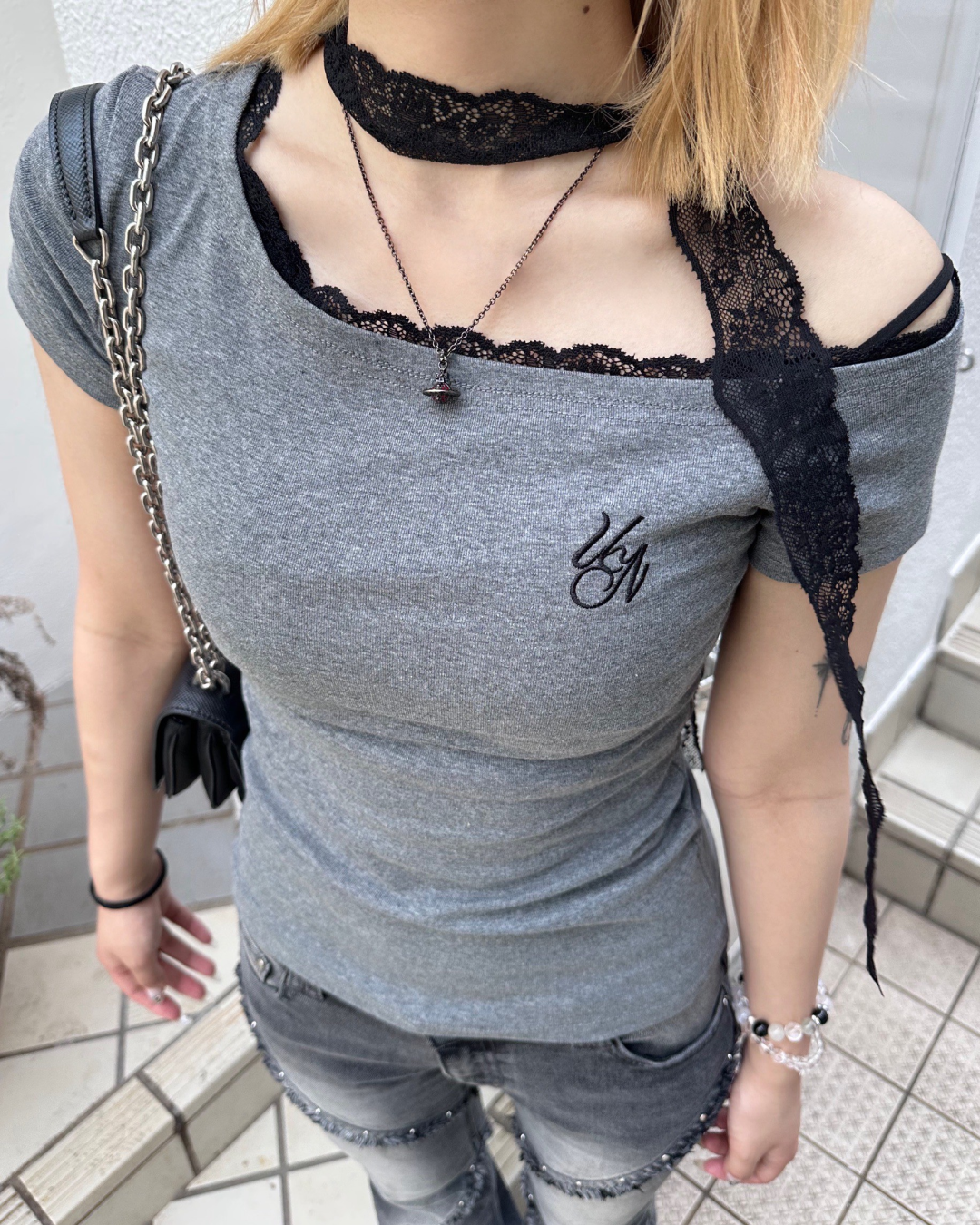 ワンショルダーレースTシャツ MM1063