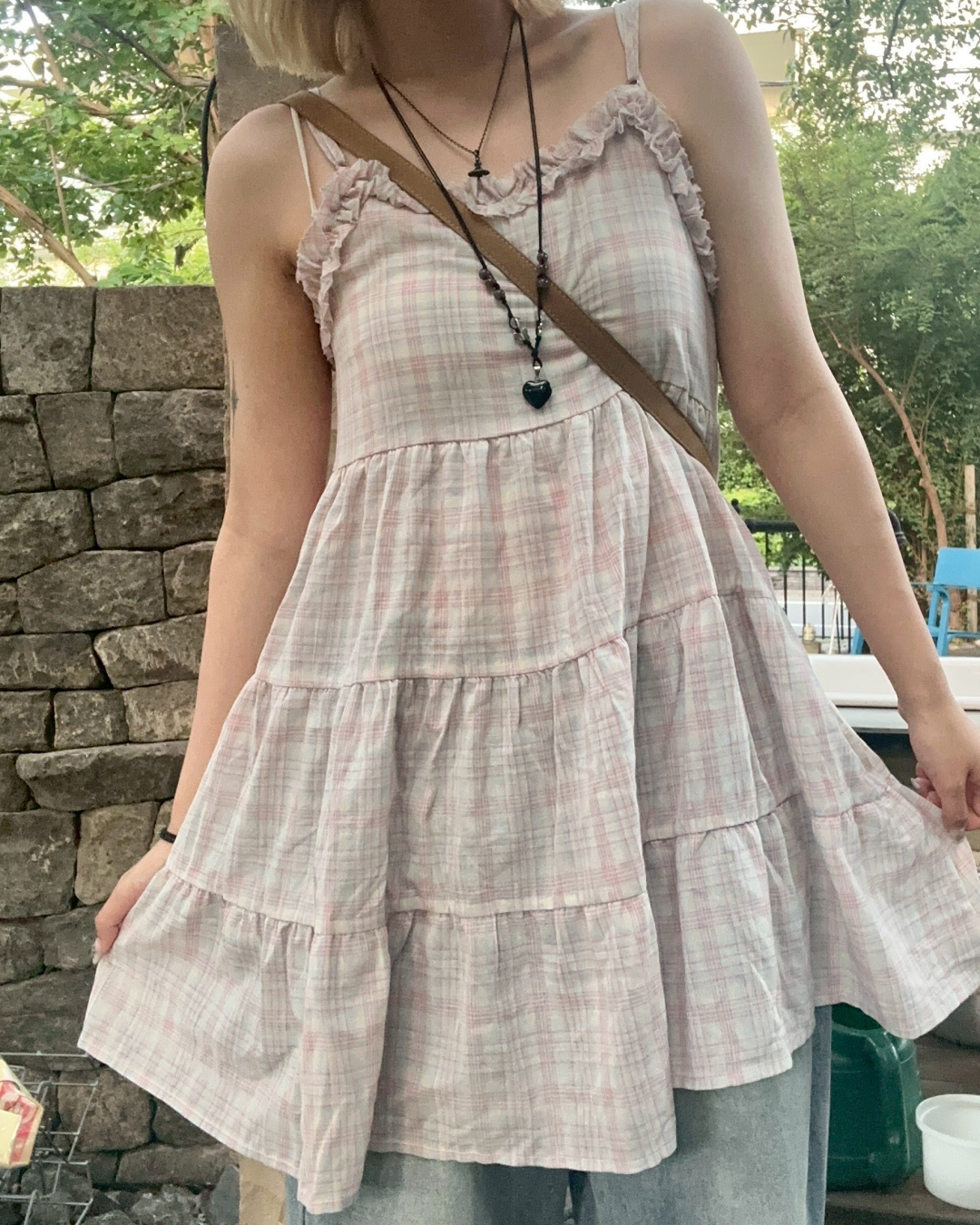 チェック柄フリルワンピース MM1095