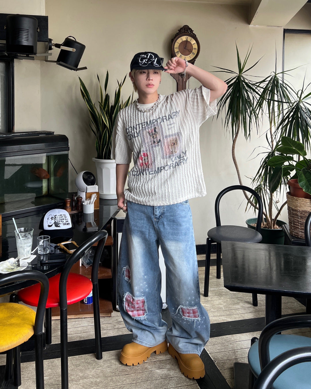 グラフィックプリントニットリップルTシャツ MO1084