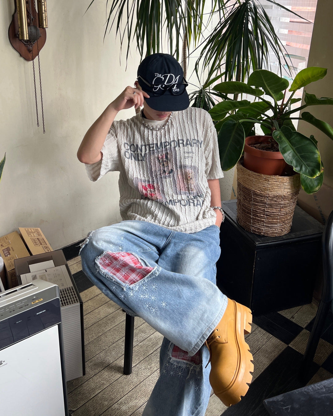 グラフィックプリントニットリップルTシャツ MO1084