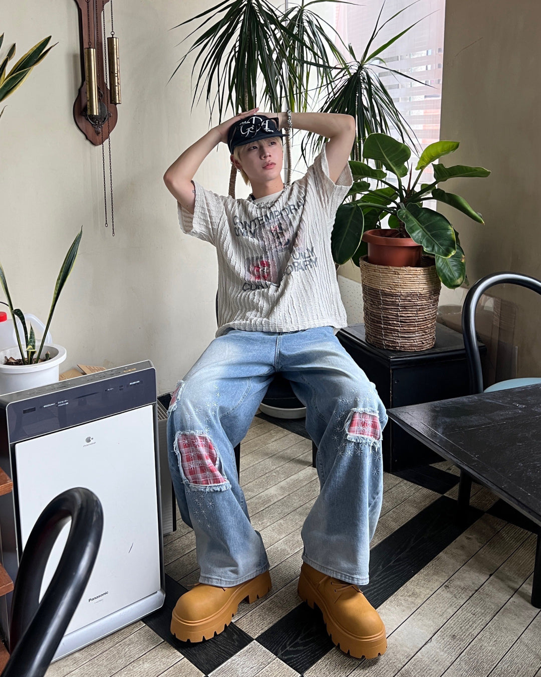 グラフィックプリントニットリップルTシャツ MO1084
