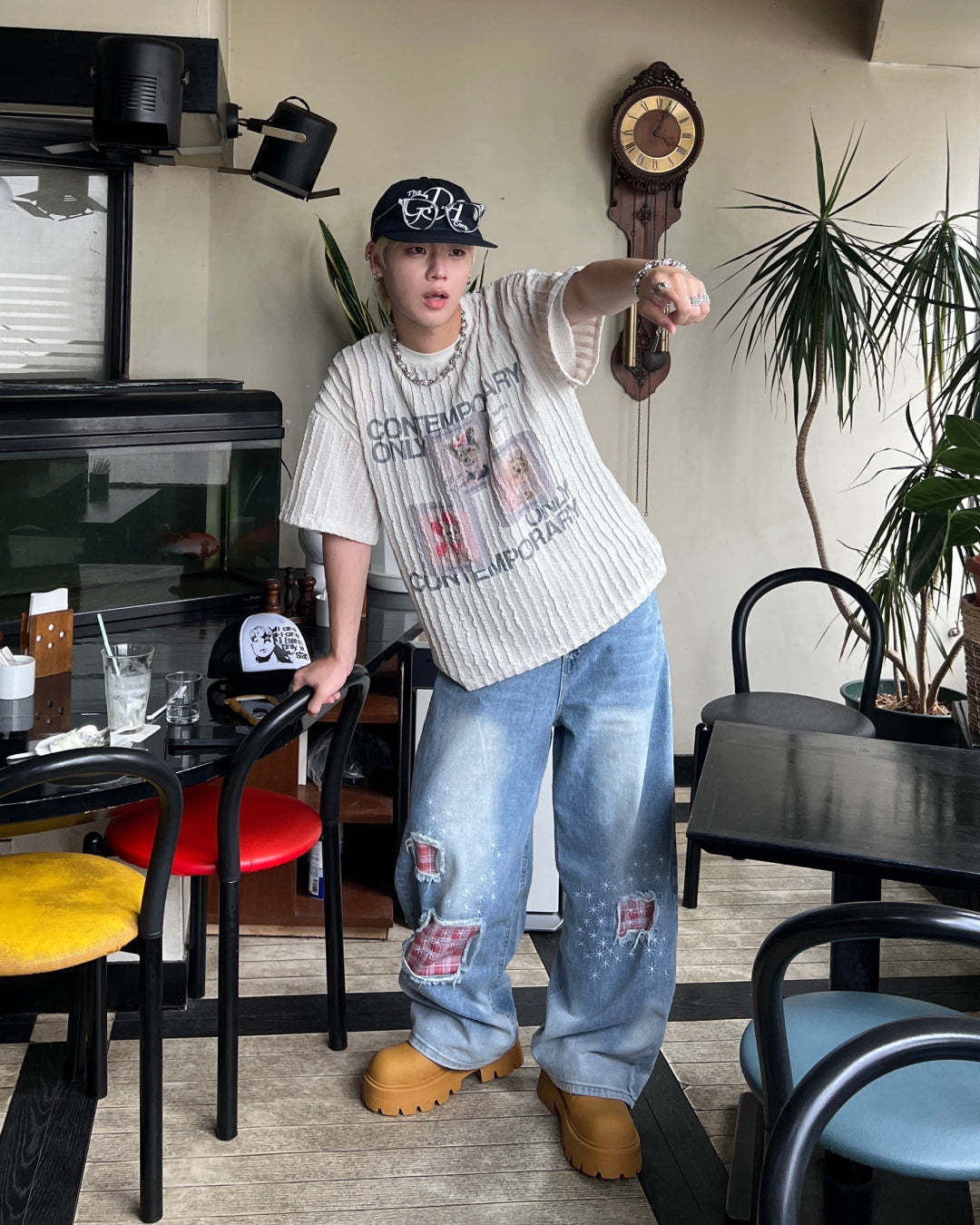 グラフィックプリントニットリップルTシャツ MO1084