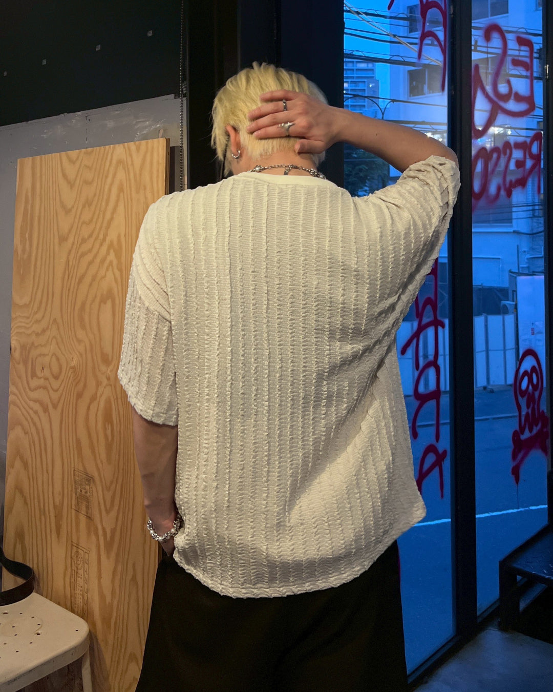 グラフィックプリントニットリップルTシャツ MO1084