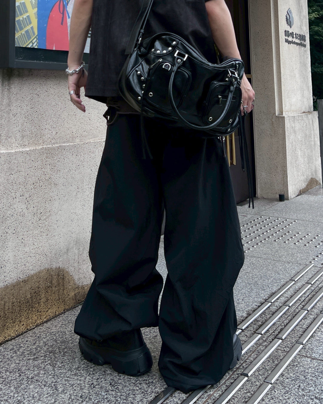 ナイロンワイドプリーツパンツ MO1114