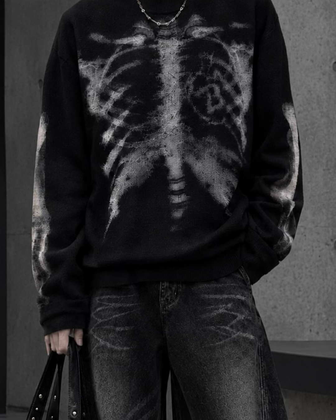 スケルトンアートワッフルロングTシャツ OU0034