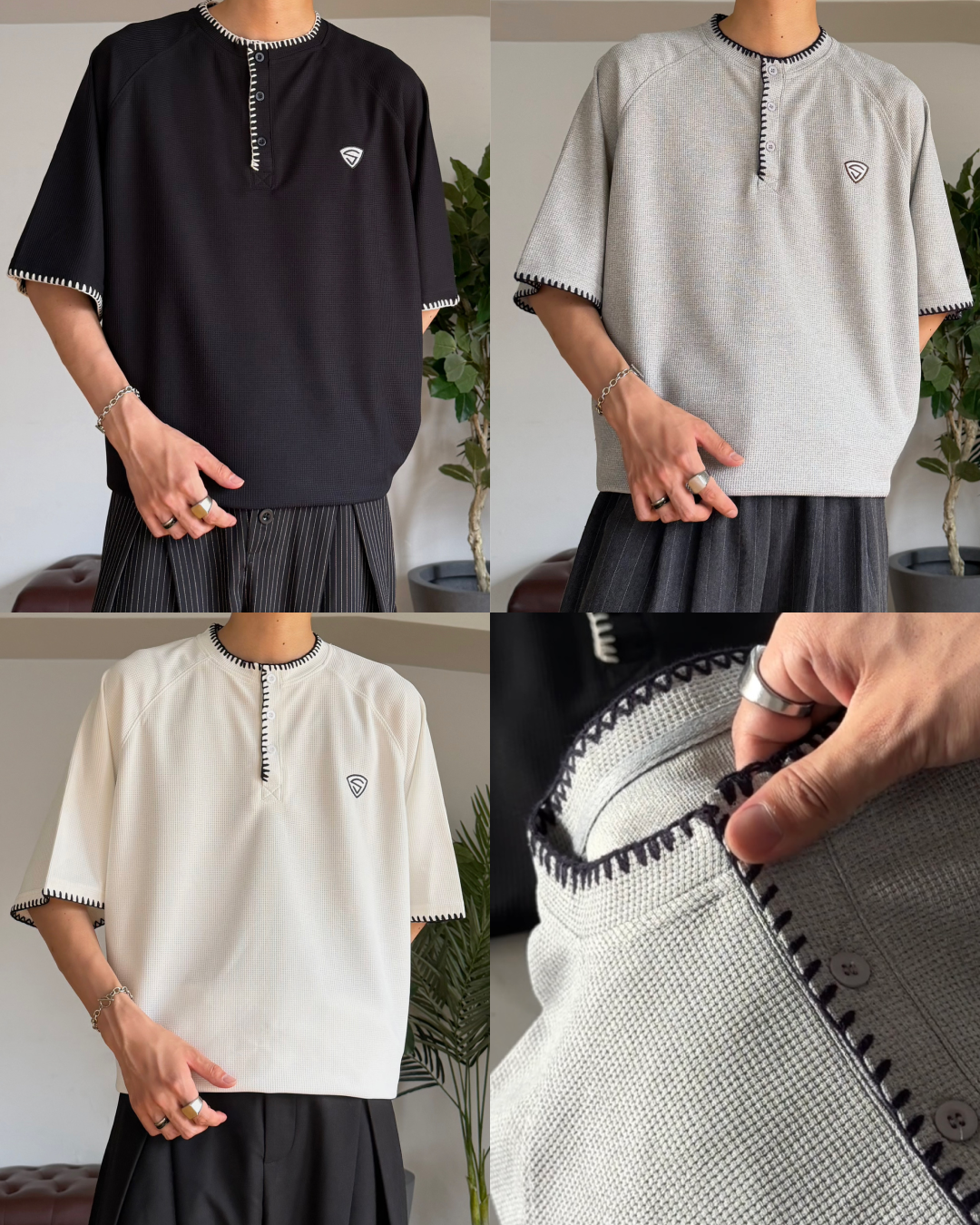 ステッチワッフルヘンリーネックT RR0367