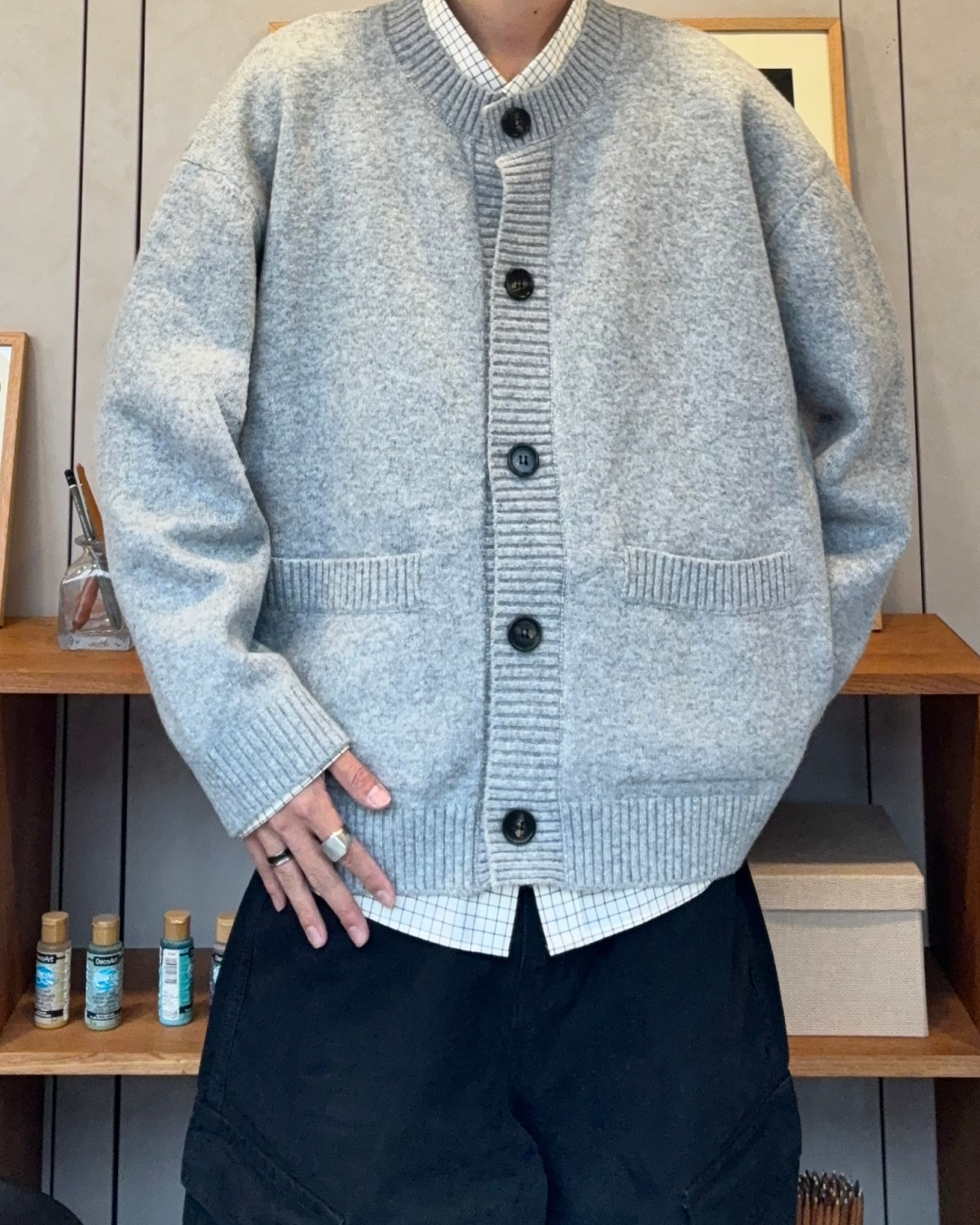 【即納】ウールブレンドラウンドネックカーディガン RR5008