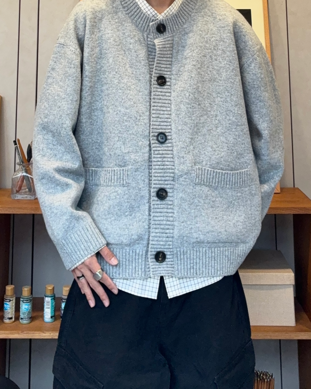 【即納】ウールブレンドラウンドネックカーディガン RR5008