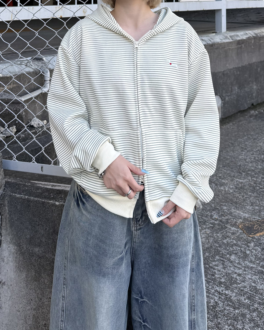 ボーダースウェットダブルジップフーディKC3001