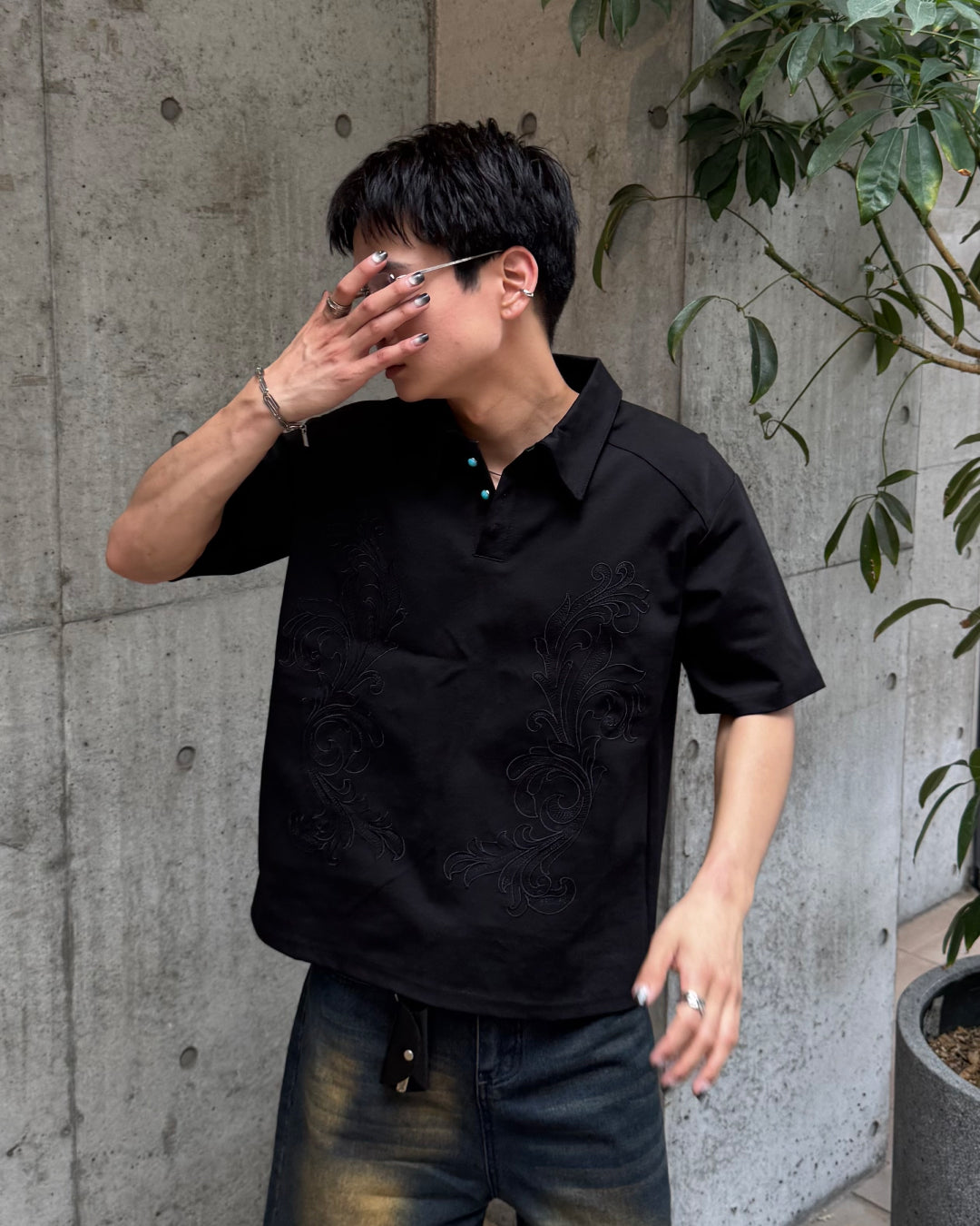 パールボタン刺繍ショートポロ TO1298