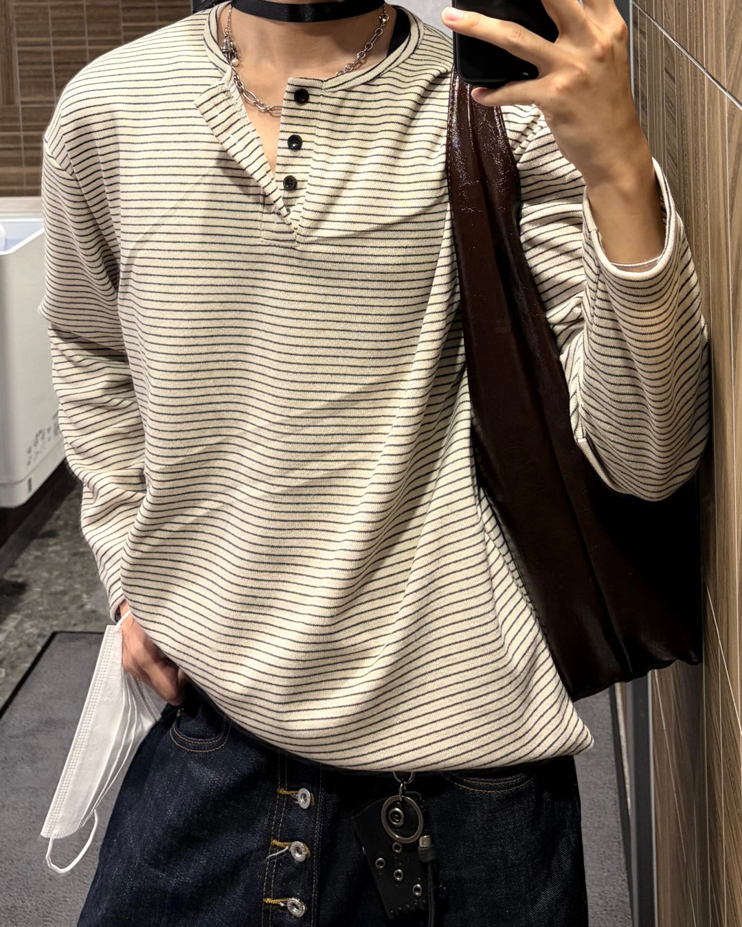 【一部即納】ボーダーヘンリーネックロングニットシャツ WG0639