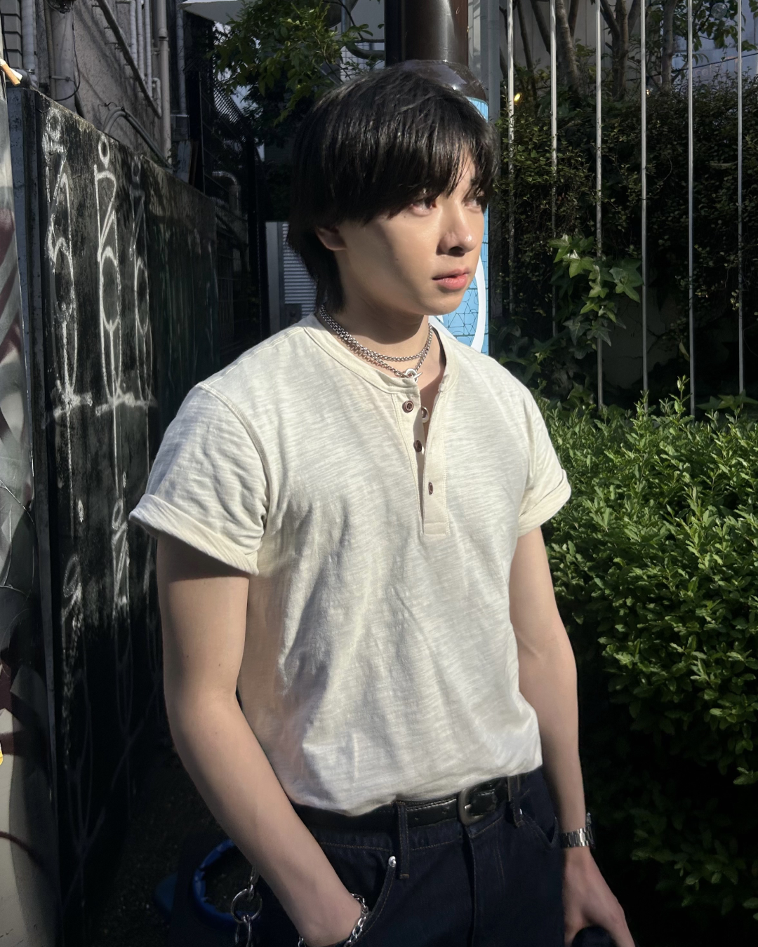 ヘンリーネックリネンコットンTシャツ AS0389