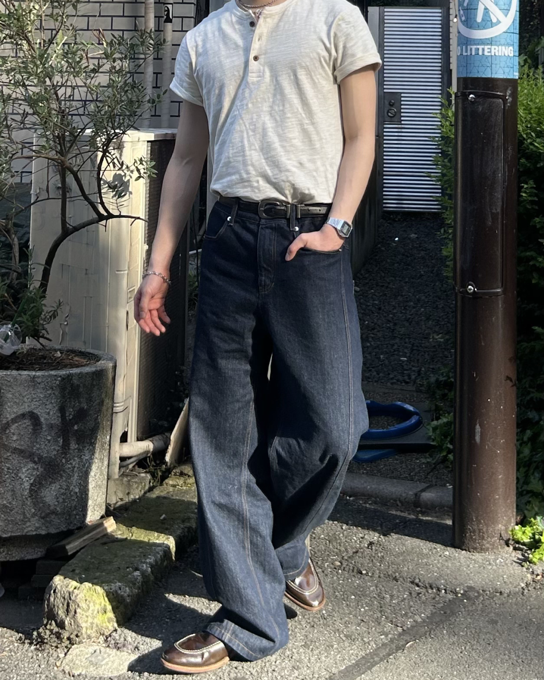 ヘンリーネックリネンコットンTシャツ AS0389
