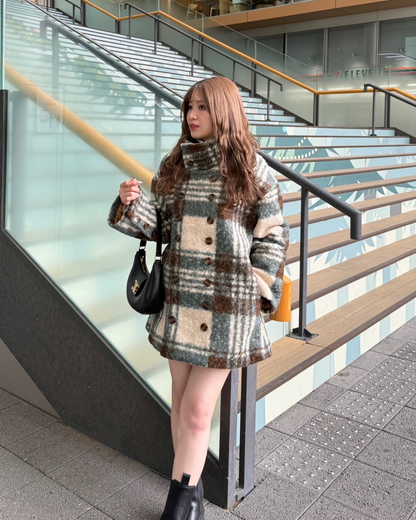 チェックスタンドネックミドルコート　B0285