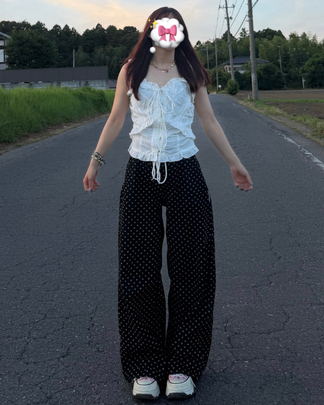 ドット柄レースアップワイドデニムパンツ BB0204