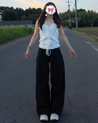 ドット柄レースアップワイドデニムパンツ BB0204