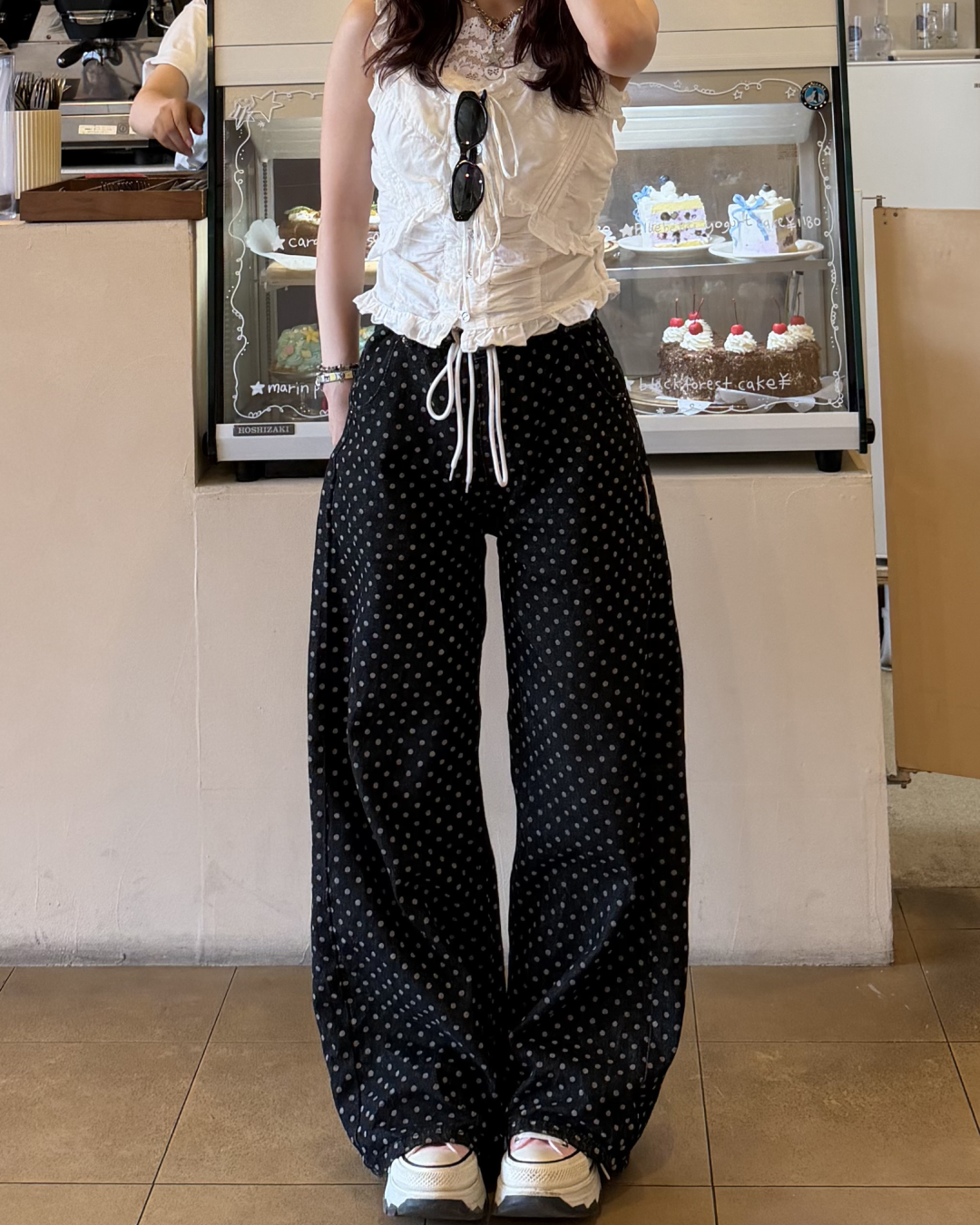 ドット柄レースアップワイドデニムパンツ BB0204