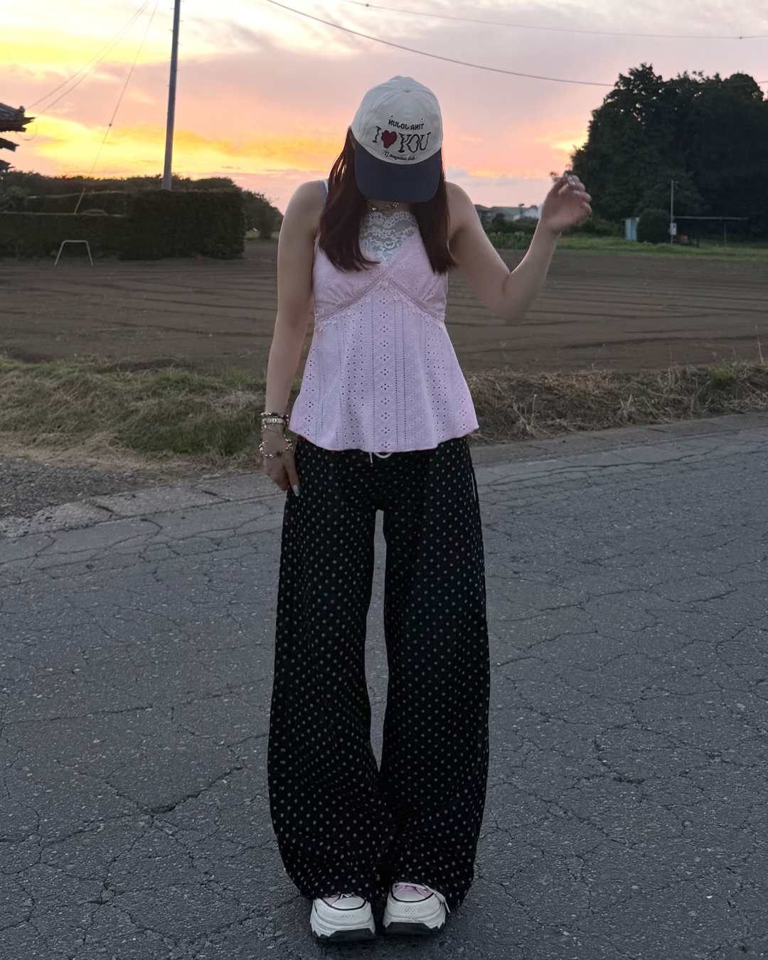 ドット柄レースアップワイドデニムパンツ BB0204