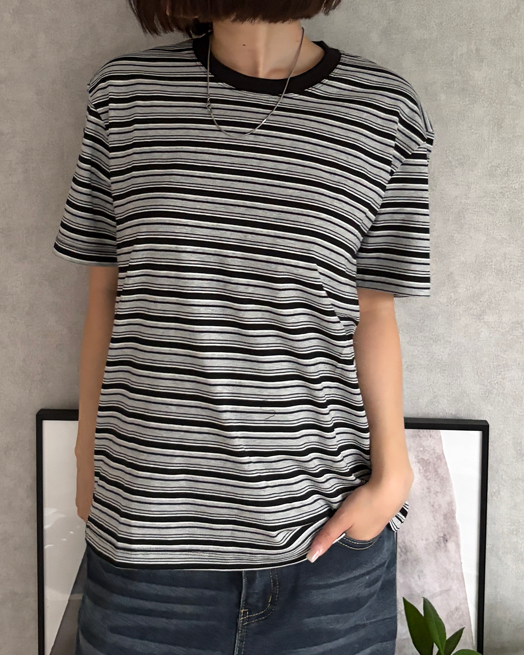 ストライプラウンドネックT CH2352