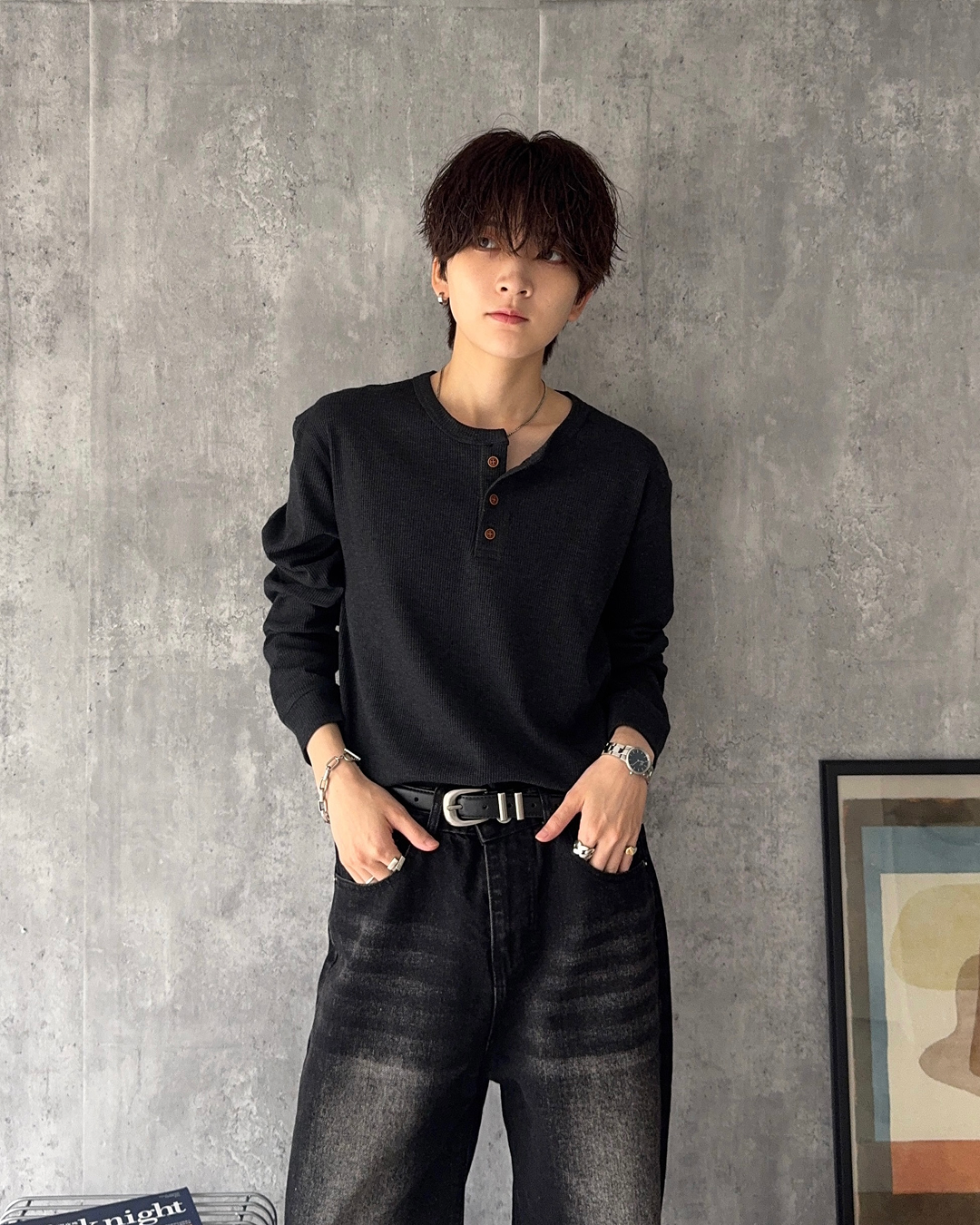 【即納】ヘンリーネックワッフルロンT SY0110