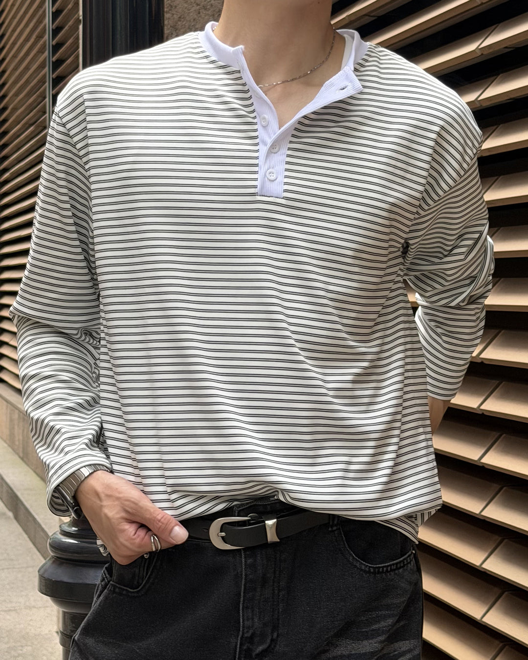マイクロボーダーヘンリーネックロングTシャツ EN0028
