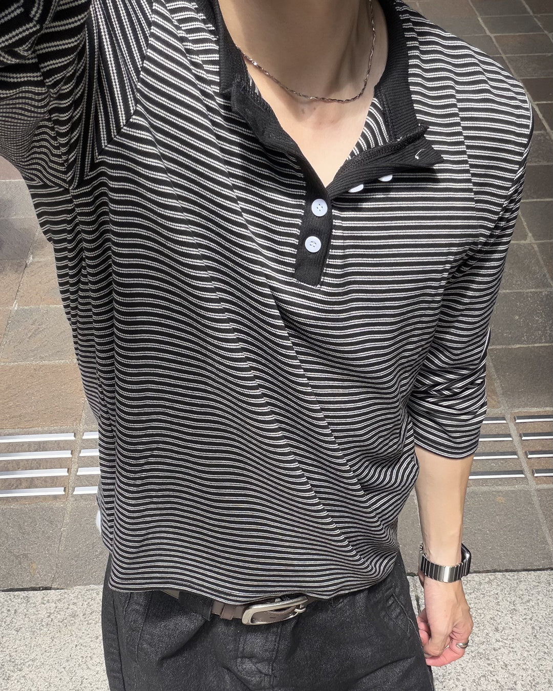 マイクロボーダーヘンリーネックロングTシャツ EN0028
