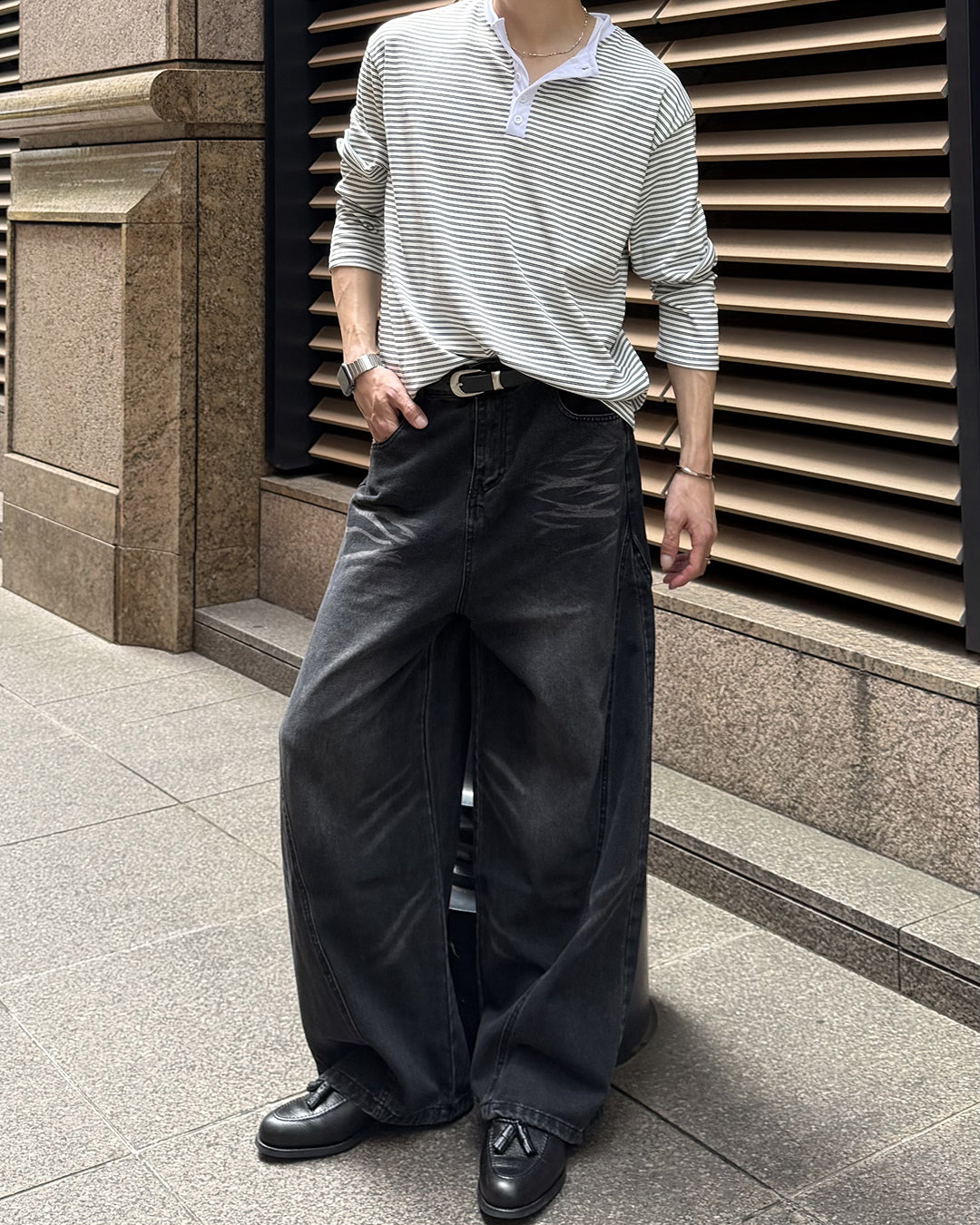 マイクロボーダーヘンリーネックロングTシャツ EN0028